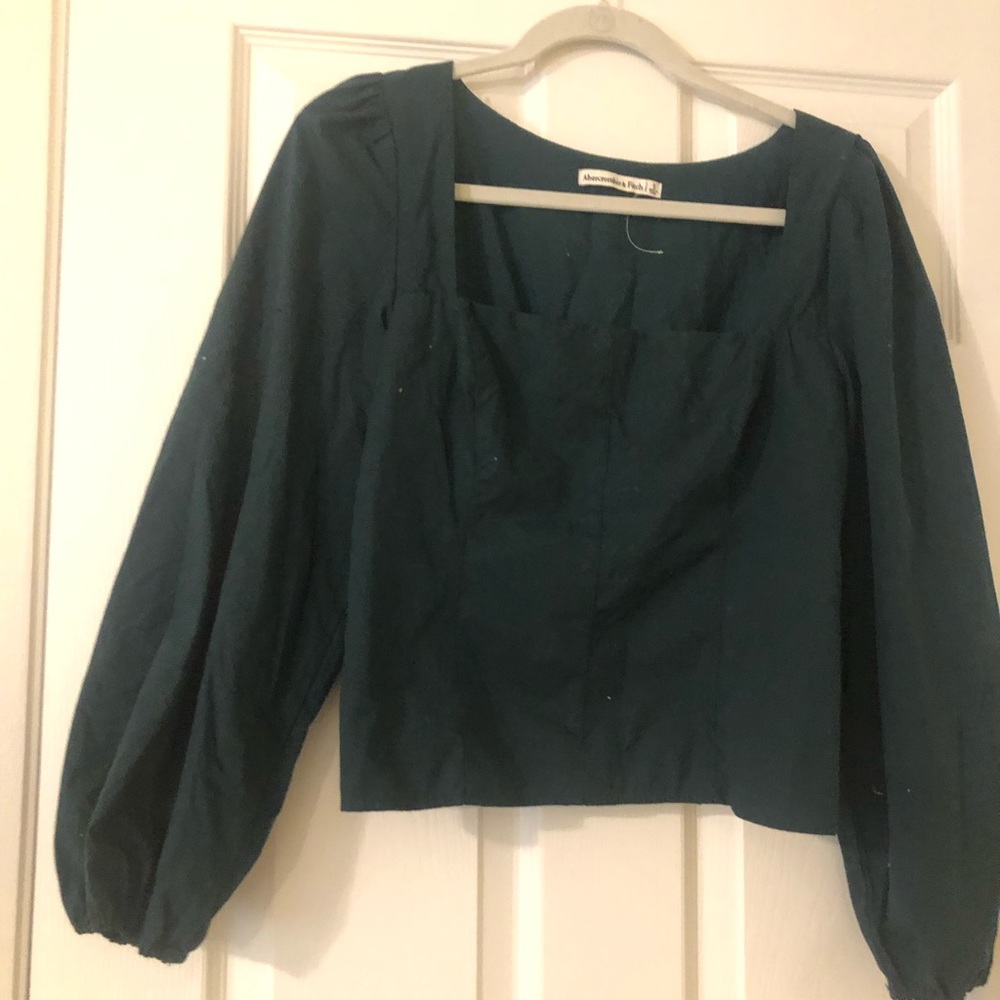 Dark Green Linen Abercrombie & Fitch Cropped Long Sleeve Top